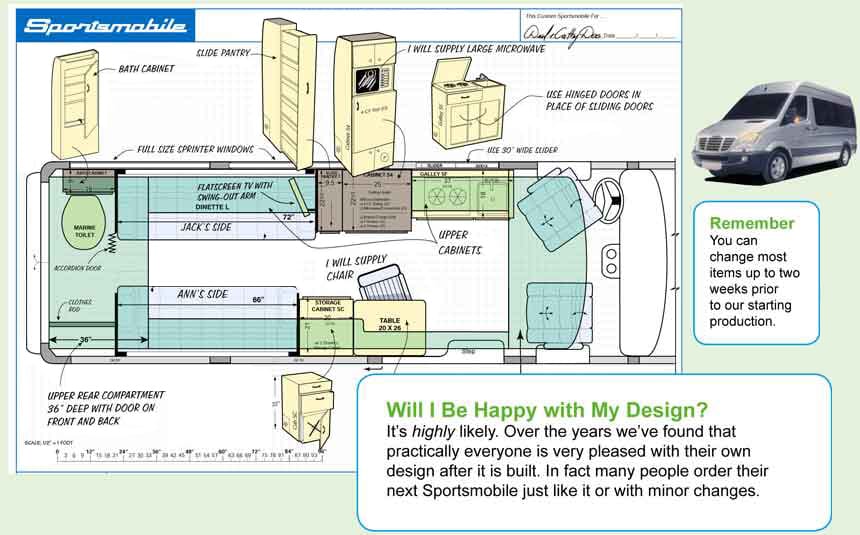 View of a Sportsmobile van conversion diagram featuring some design your own options.