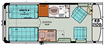 Sportsmobile conversion van diagram illustrating sleep, dinette, and optional bath locations.