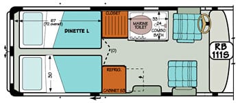 Sportsmobile conversion van diagram illustrating how the dinette turns into twin beds.