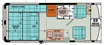 Sportsmobile conversion van diagram illustrating storage compartment conversion into large bed.