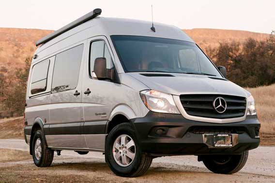 Silver Sprinter van conversion with interior bath.