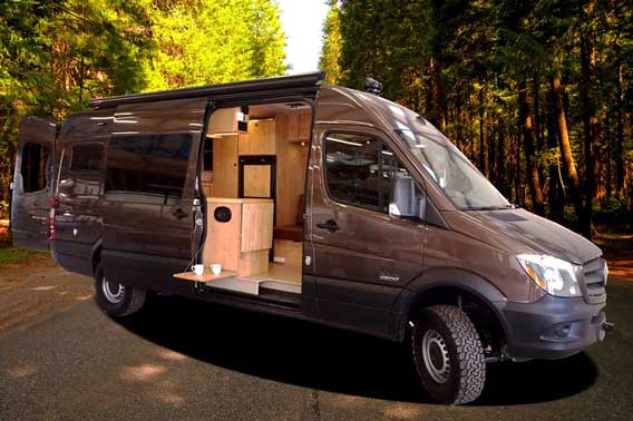 Custom brown extended body Sprinter van conversion.