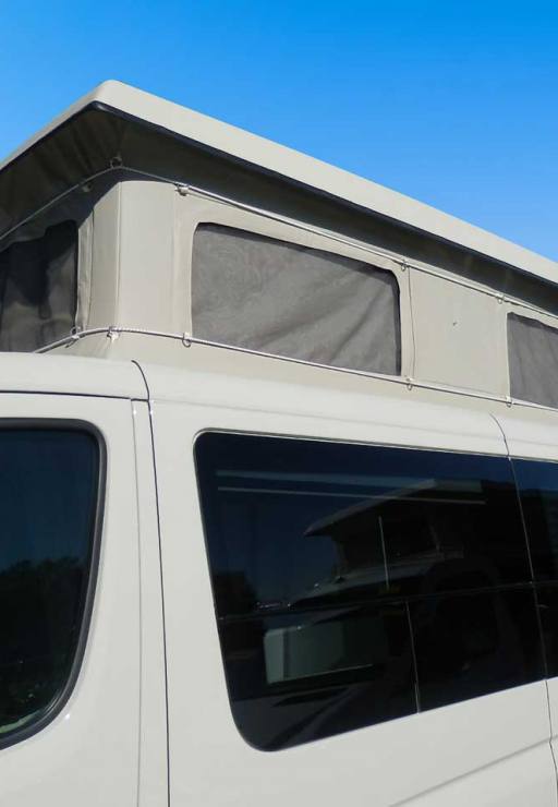 Transit camper conversion close up of its Penthouse top.