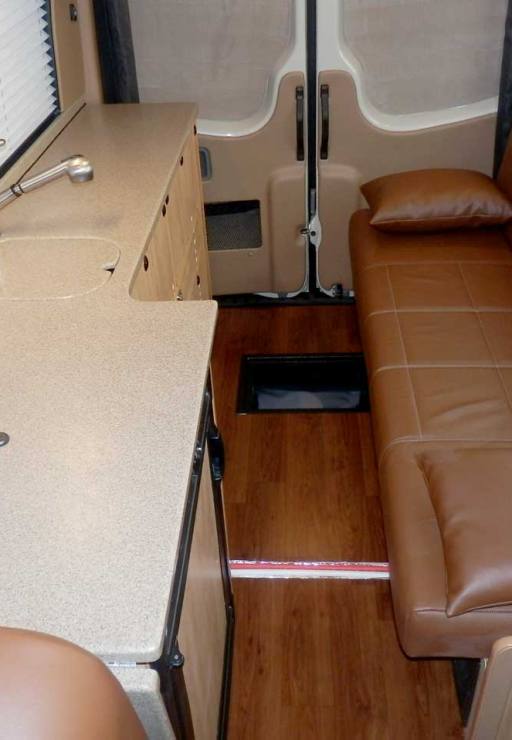 Transit camper conversion interior counter tops.