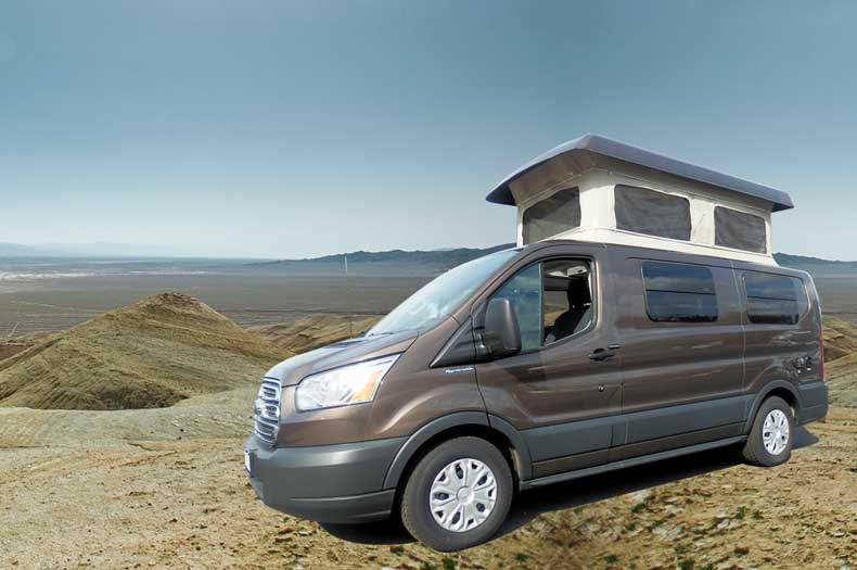 Brown Sportsmobile Transit camper conversion van with the Penthouse top up.