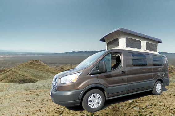 Brown Transit Van Conversion with penthouse pop top.