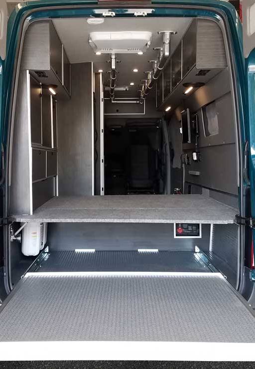 Exterior view of a Sportsmobile Sprinter rear entry.