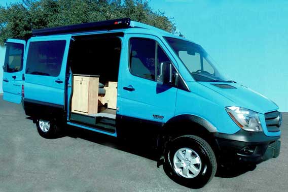 Custom blue Mercedes Sprinter conversion van.