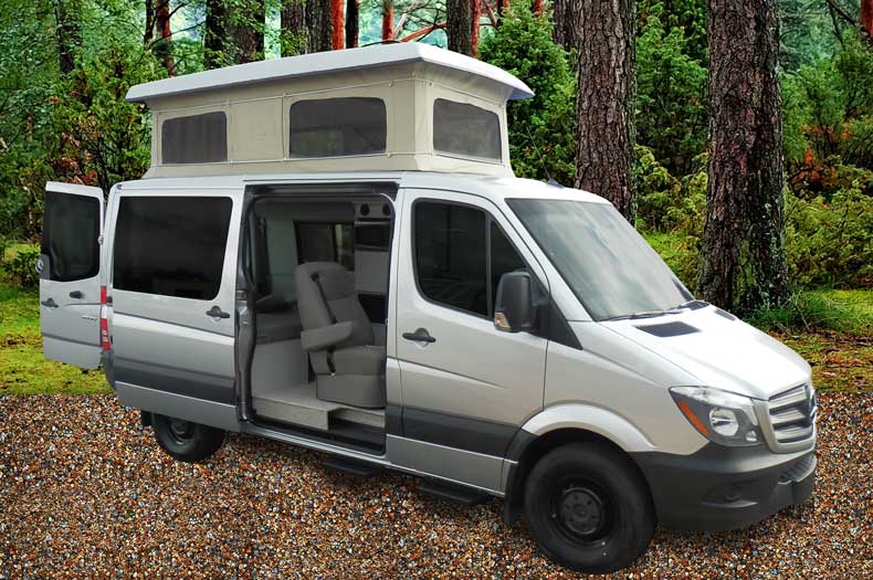 Custom Mercedes-Benz Sprinter conversion van with penthouse pop top.