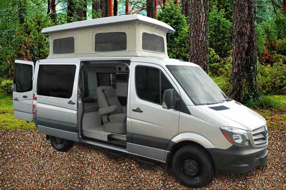 Mercedes Sprinter Van Conversion with penthouse pop top.