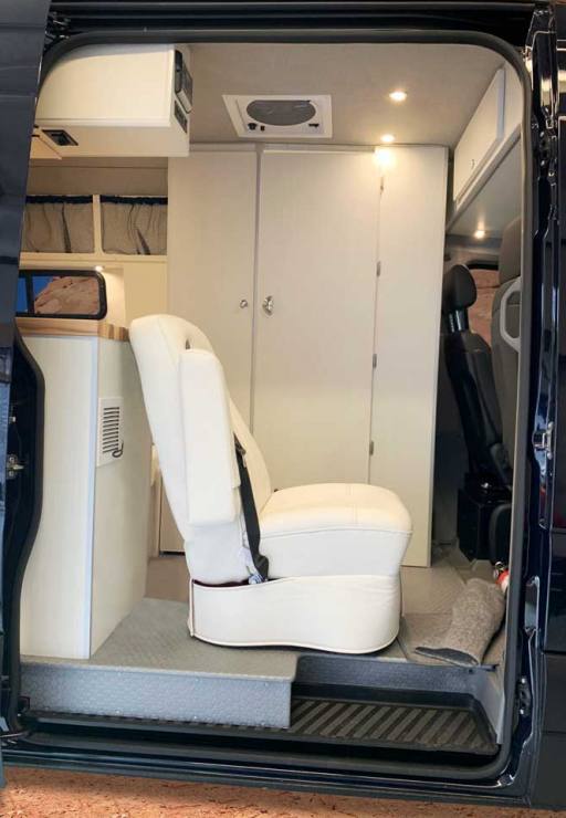 Custom Sprinter conversion van with bath compartment.