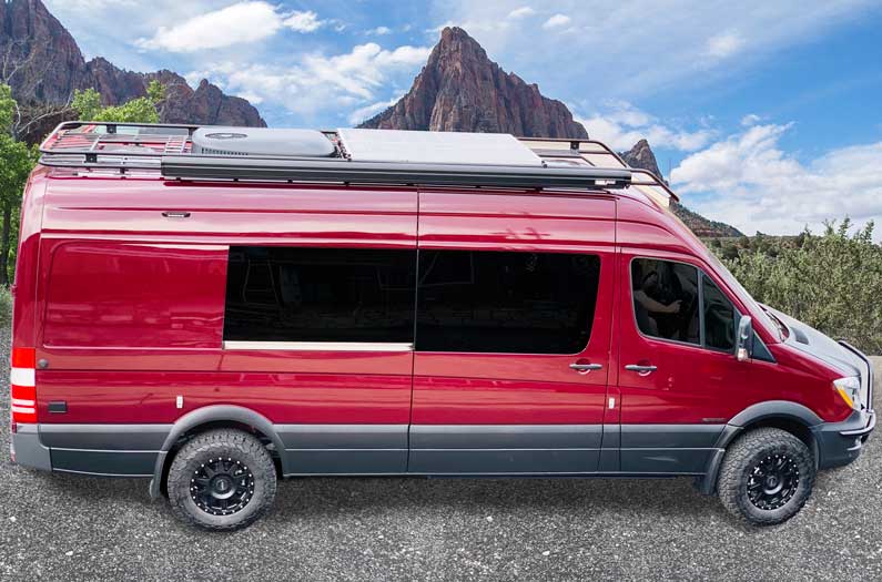 Sportsmobile Red Sprinter 4x4 van conversion.