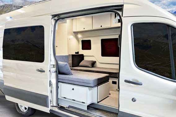 Extended body Ford Transit camper van conversion.