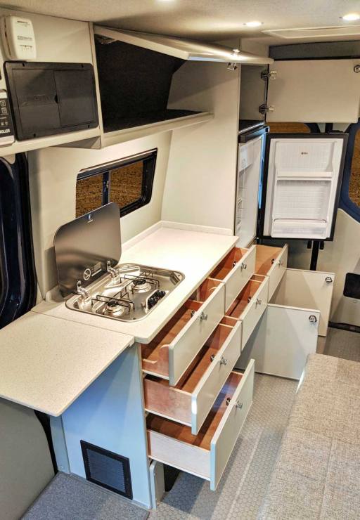 Galley features a propane cooktop and plenty of storage.